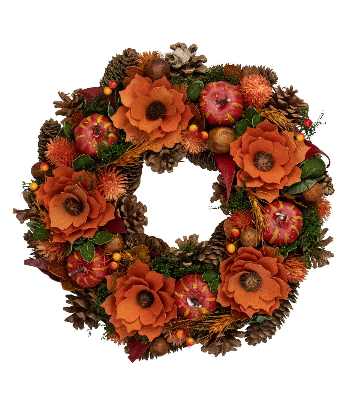  Autumn Harvest Orange Flowers and Gourds Pine Cone Wreath Orange - Orange - Bonton