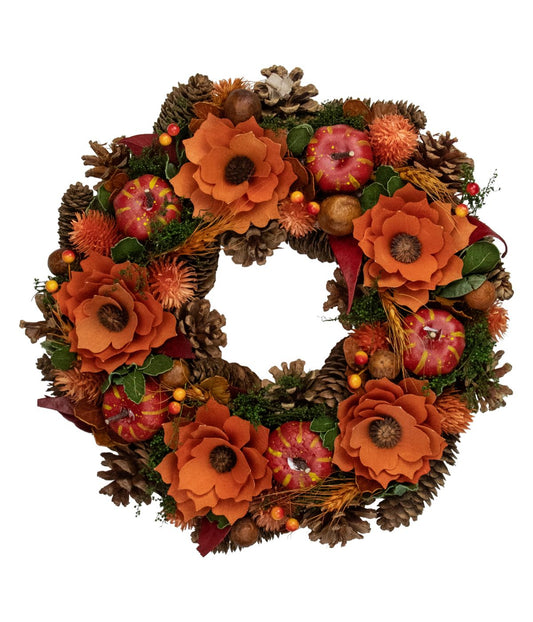 Autumn Harvest Orange Flowers and Gourds Pine Cone Wreath Orange