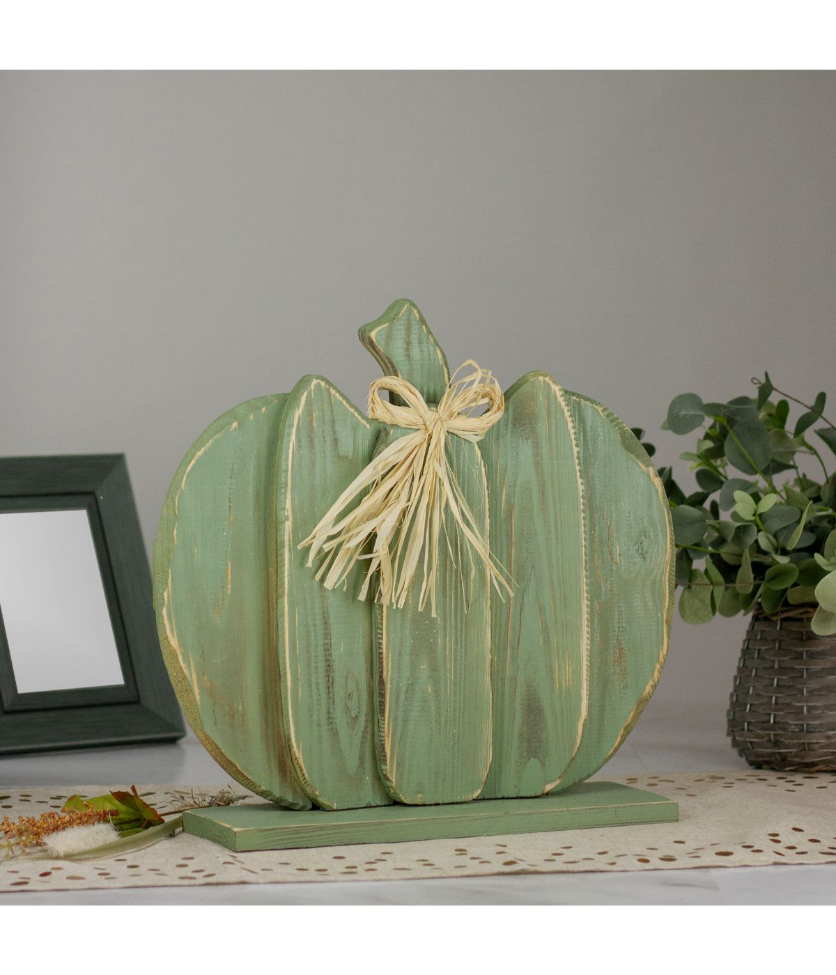  Fall Harvest Wooden Pumpkin with Bow Table Top Decoration Green - Green - Bonton