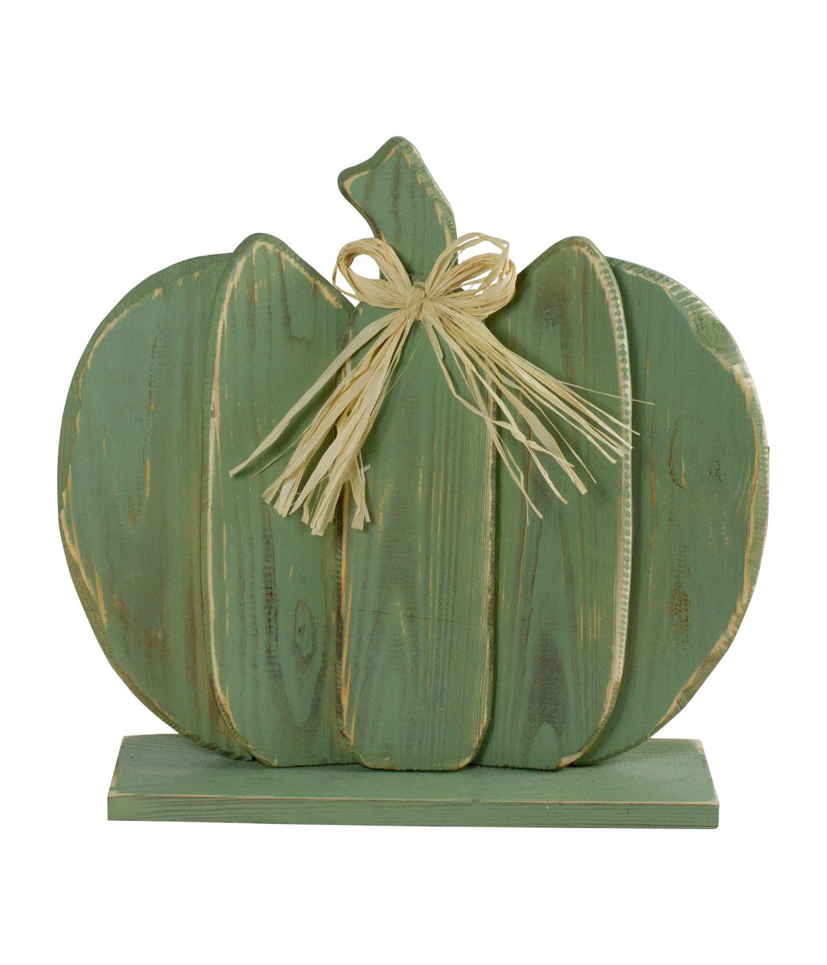  Fall Harvest Wooden Pumpkin with Bow Table Top Decoration Green - Green - Bonton