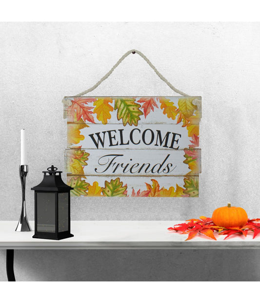 Autumn Leaves Welcome Friends Hanging Wall Sign White