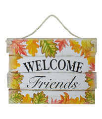 Autumn Leaves Welcome Friends Hanging Wall Sign White