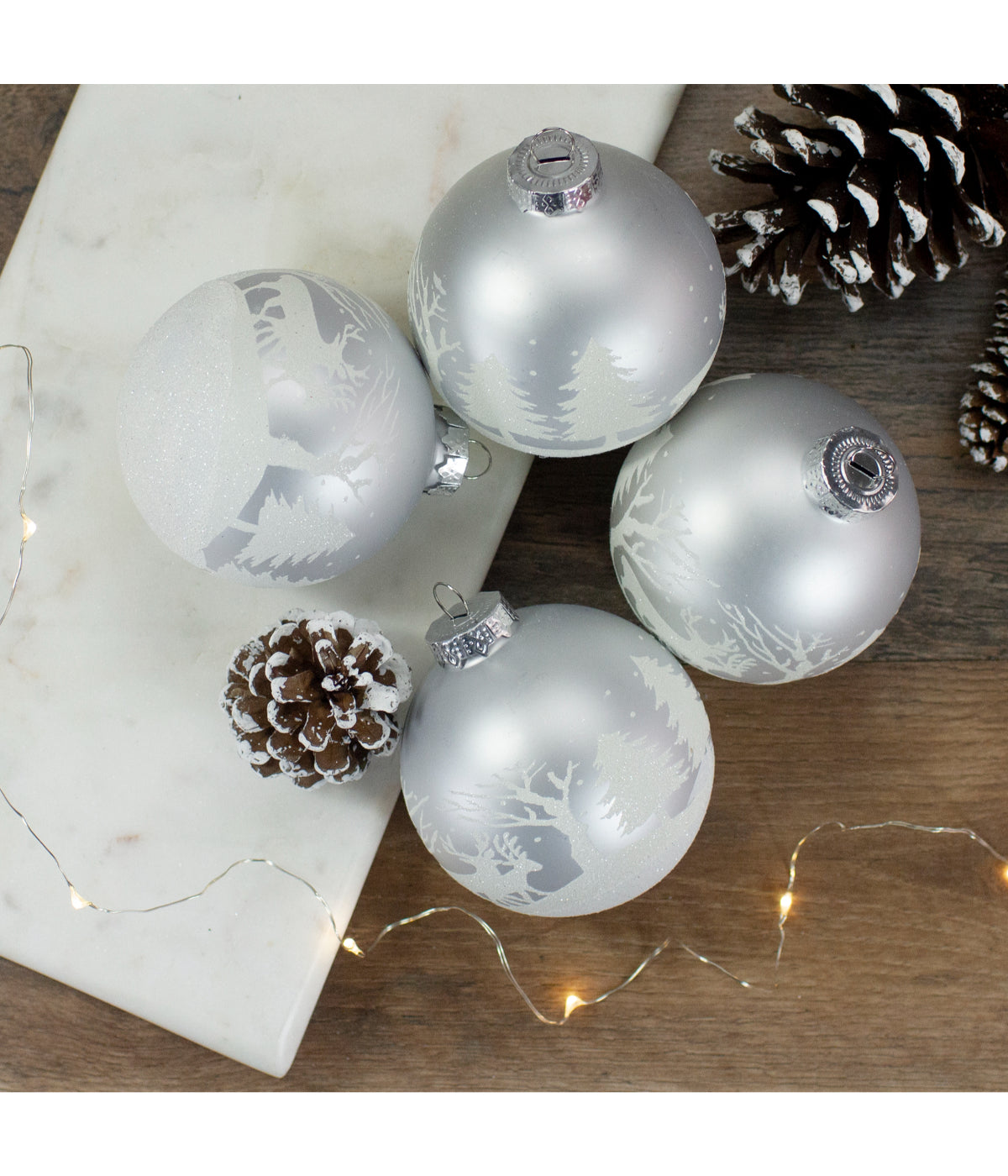  Matte & Frosted White Glass Hanging Christmas Ball Ornaments Set of 4, 3.25