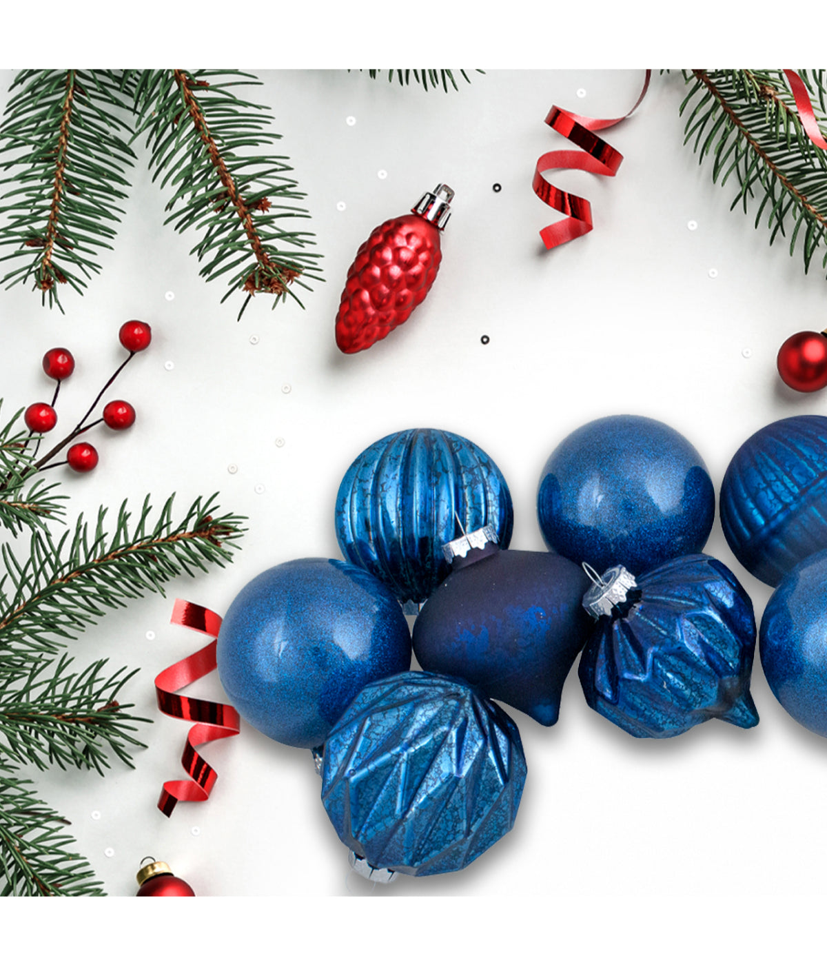  Blue Finial and Glass Ball Christmas Ornaments Set of 12 - Blue - Bonton