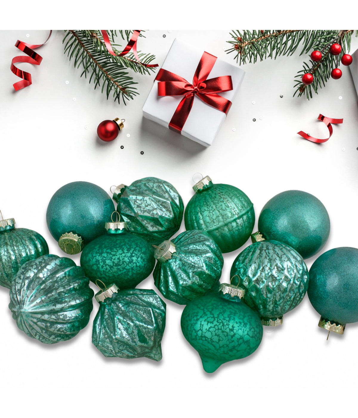  Green Finial and Glass Ball Christmas Ornaments Set of 12 - Green - Bonton