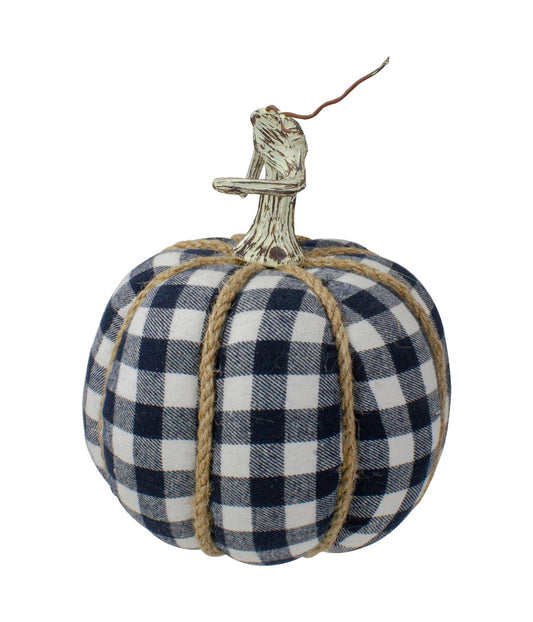 Dark Blue and White Plaid Fall Harvest Tabletop Pumpkin Blue