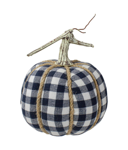 Dark Blue and White Plaid Fall Harvest Tabletop Pumpkin Blue