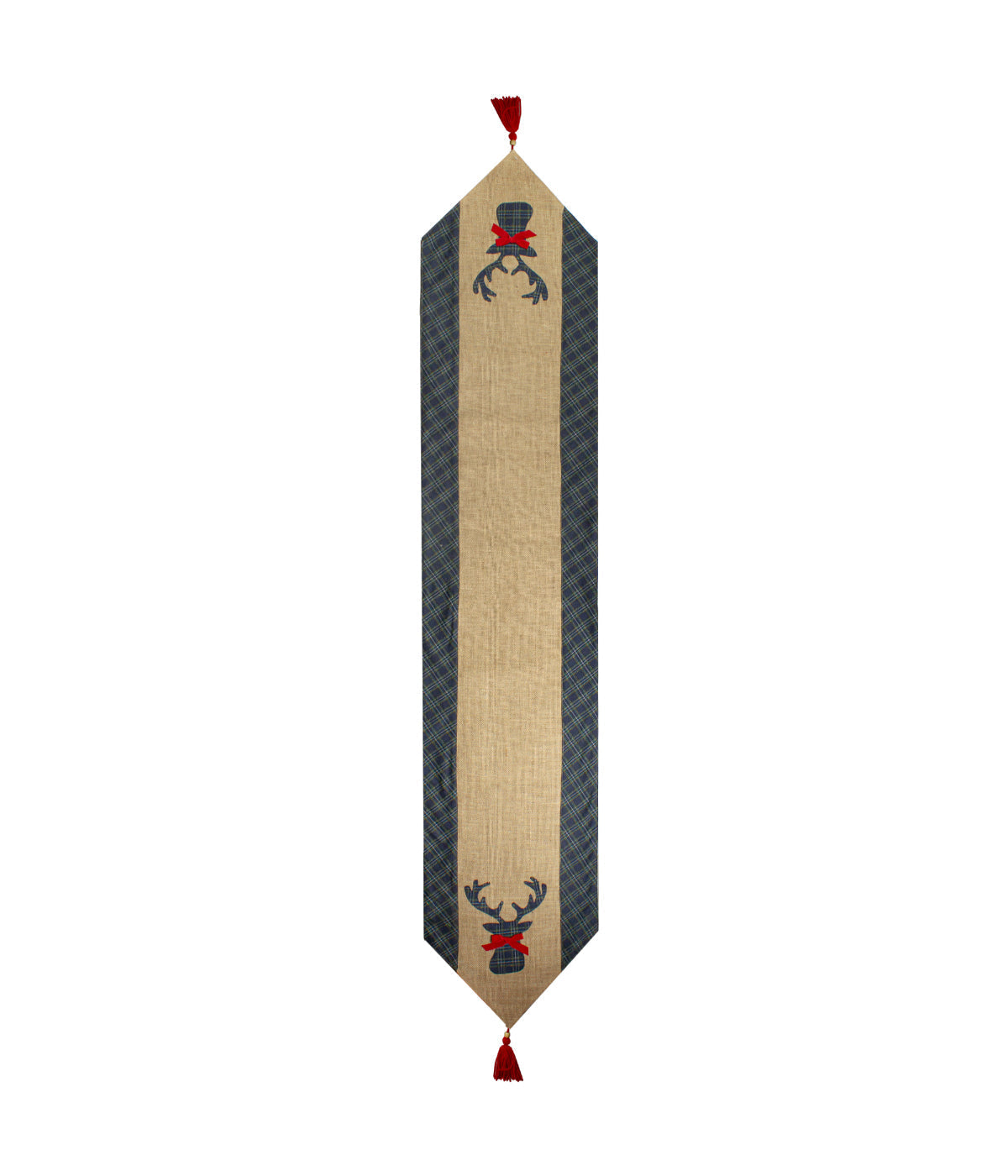  Blue & Brown Burlap and Plaid Reindeer Christmas Table Runner, 80