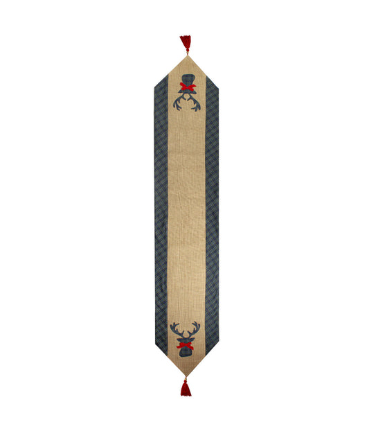 Blue & Brown Burlap and Plaid Reindeer Christmas Table Runner, 80"