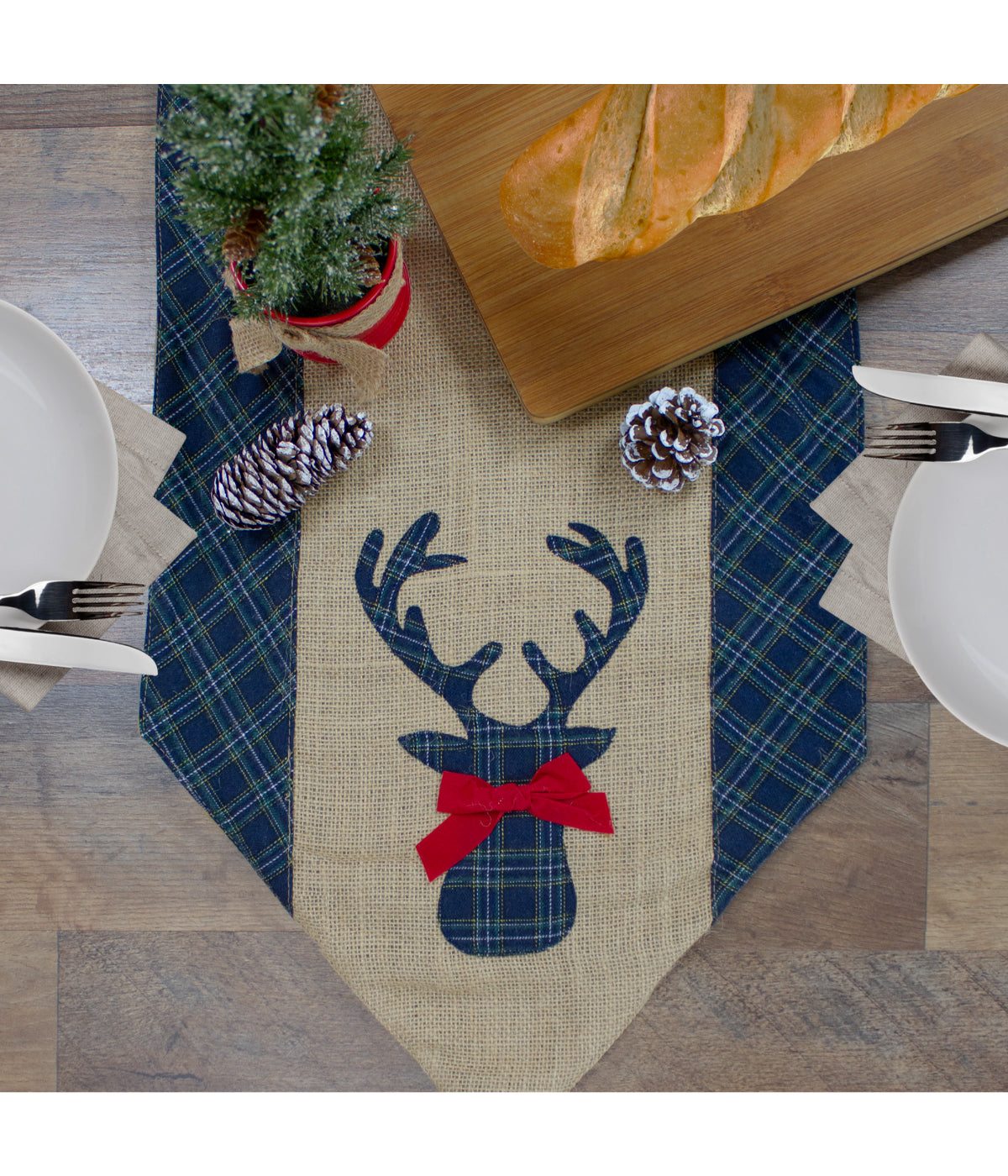  Blue & Brown Burlap and Plaid Reindeer Christmas Table Runner, 80