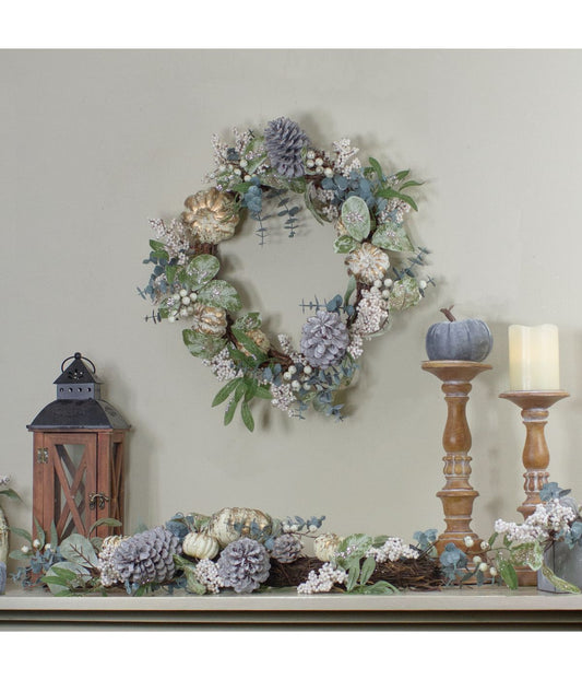 Neutral Colored Pumpkin and Pine Cones Fall Harvest Wreath White