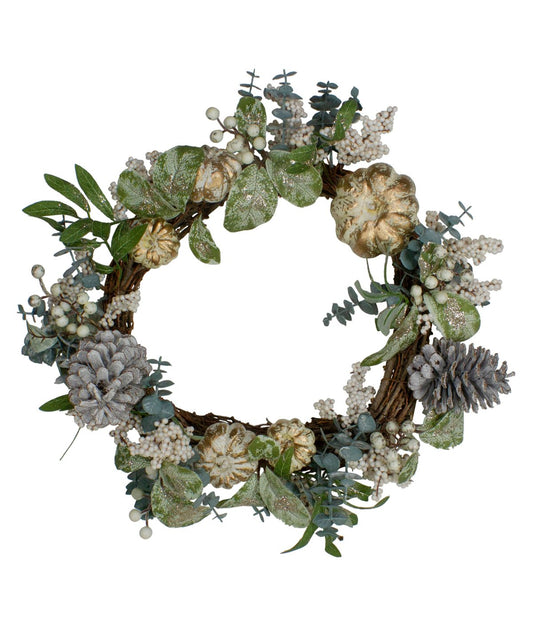 Neutral Colored Pumpkin and Pine Cones Fall Harvest Wreath White