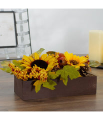 Yellow and Brown Sunflowers and Leaves Fall Harvest Floral Arrangement Brown