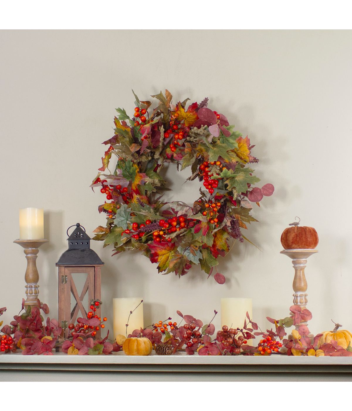  Leaves and Berries Artificial Fall Harvest Wreath Red - Red - Bonton