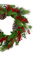 Holly Berries and Snowy Pinecones Artificial Christmas Wreath, 24"