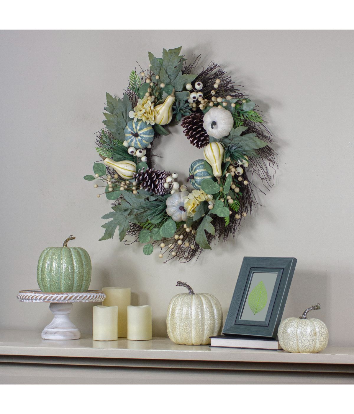  Green and White Pumpkins with Berries Artificial Fall Harvest Wreath Green - Green - Bonton