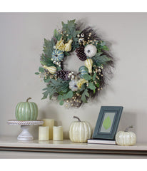 Green and White Pumpkins with Berries Artificial Fall Harvest Wreath Green