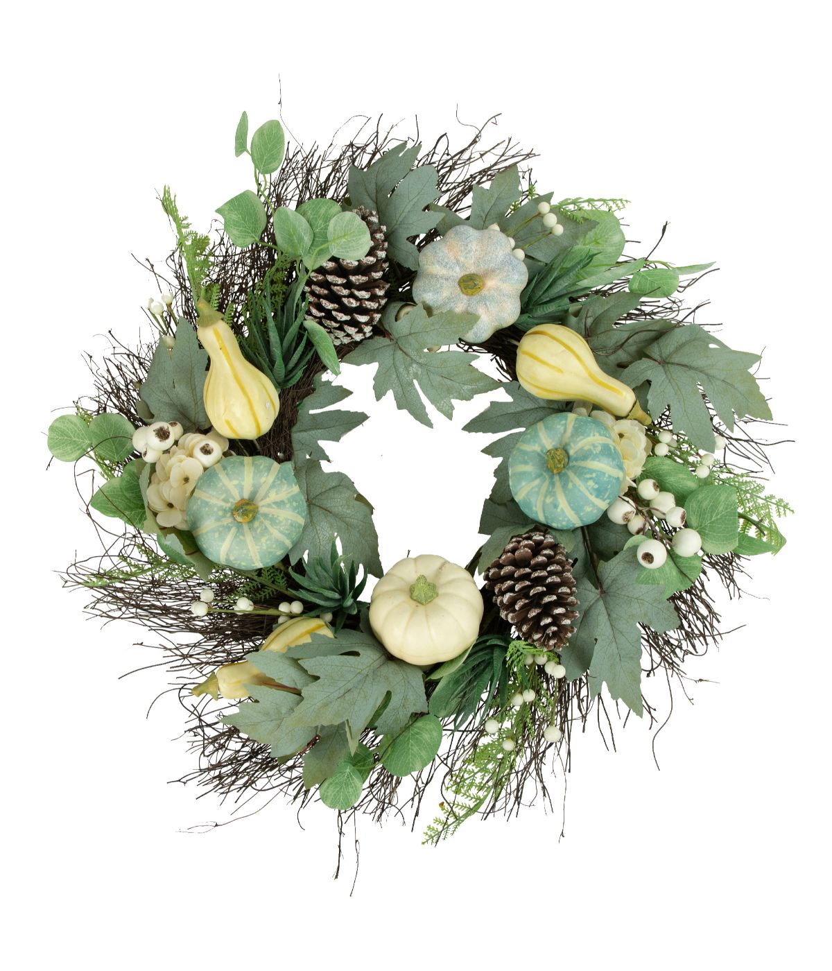  Green and White Pumpkins with Berries Artificial Fall Harvest Wreath Green - Green - Bonton