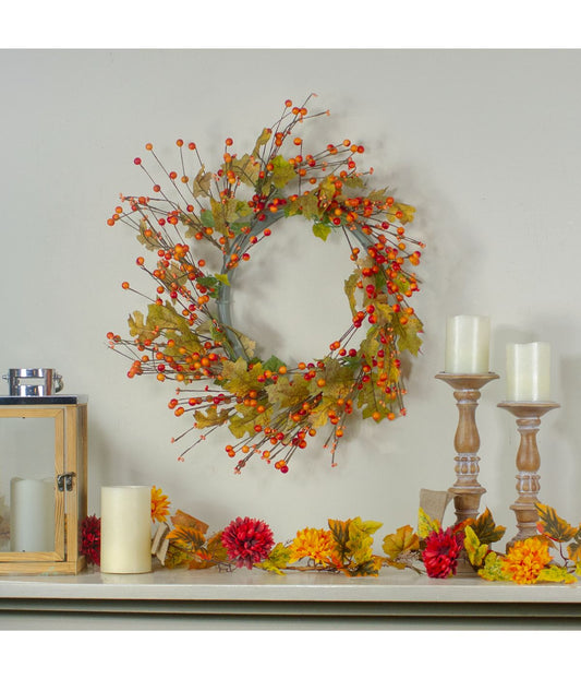 Orange Berries and Yellow Leaves Fall Harvest Artificial Wreath Yellow