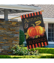 Autumn Blessings and Pumpkin Outdoor House Flag Black