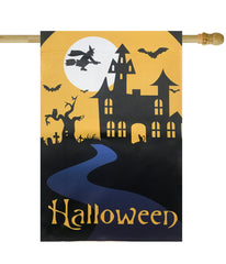 Spooky House Halloween Outdoor House Flag with Bats and Witch