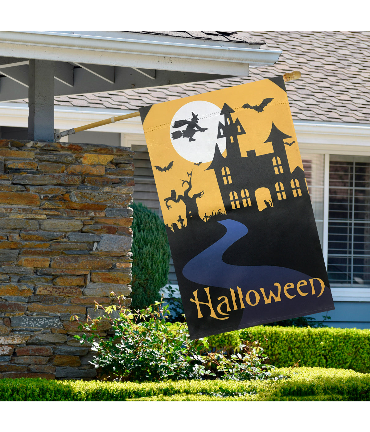 Spooky House Halloween Outdoor House Flag with Bats and Witch