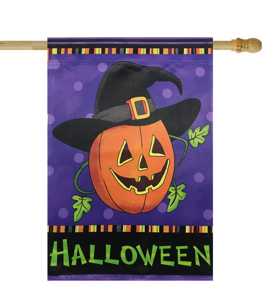 Happy Halloween Pumpkin in a Witch Hat Outdoor House Flag