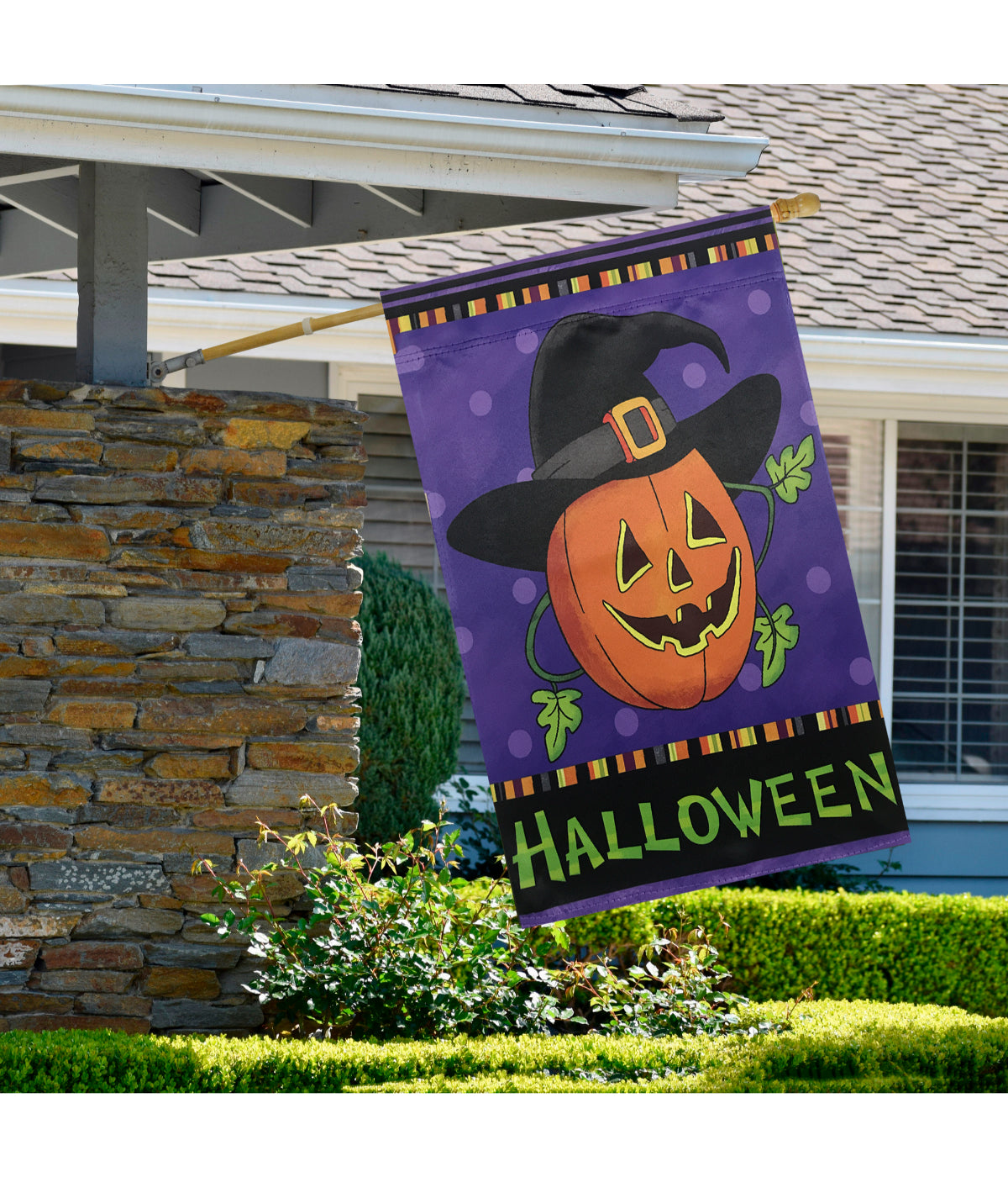 Happy Halloween Pumpkin in a Witch Hat Outdoor House Flag