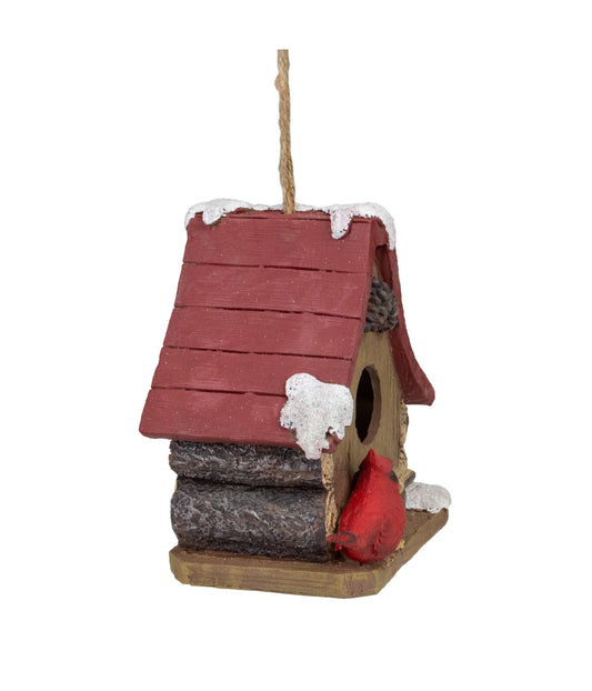 Brown & Red Christmas Birdhouse with Cardinals, 7"