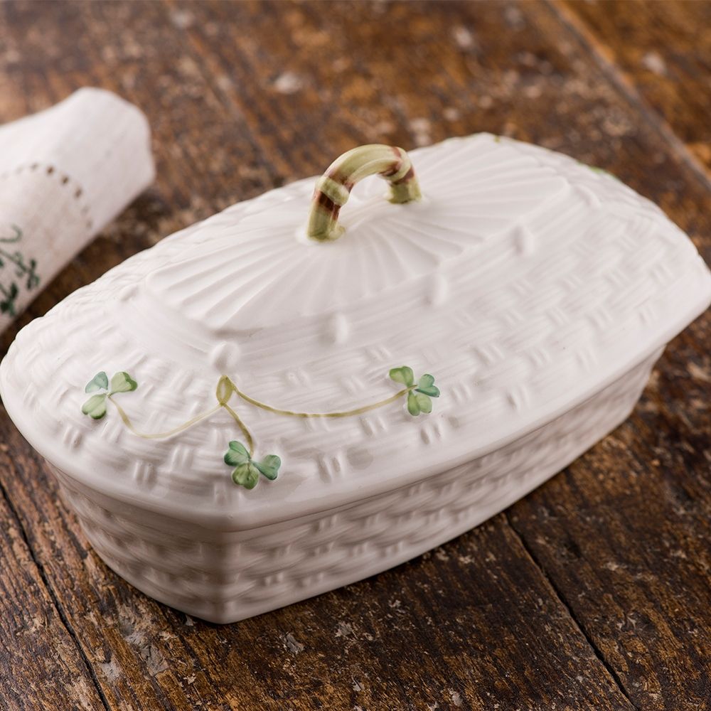  Belleek Pottery Irish Shamrock Butter Dish - Ivory/Green - Bonton