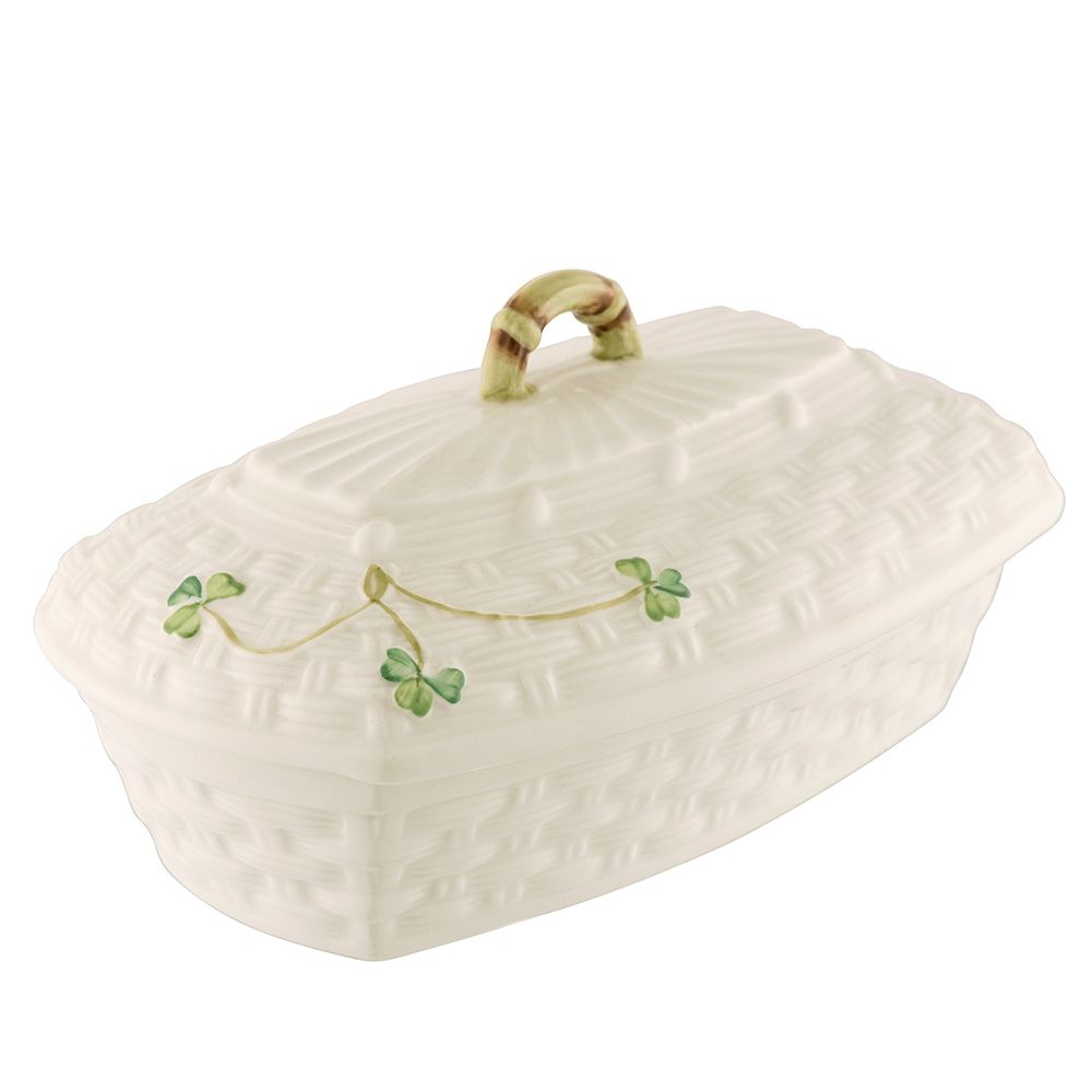  Belleek Pottery Irish Shamrock Butter Dish - Ivory/Green - Bonton