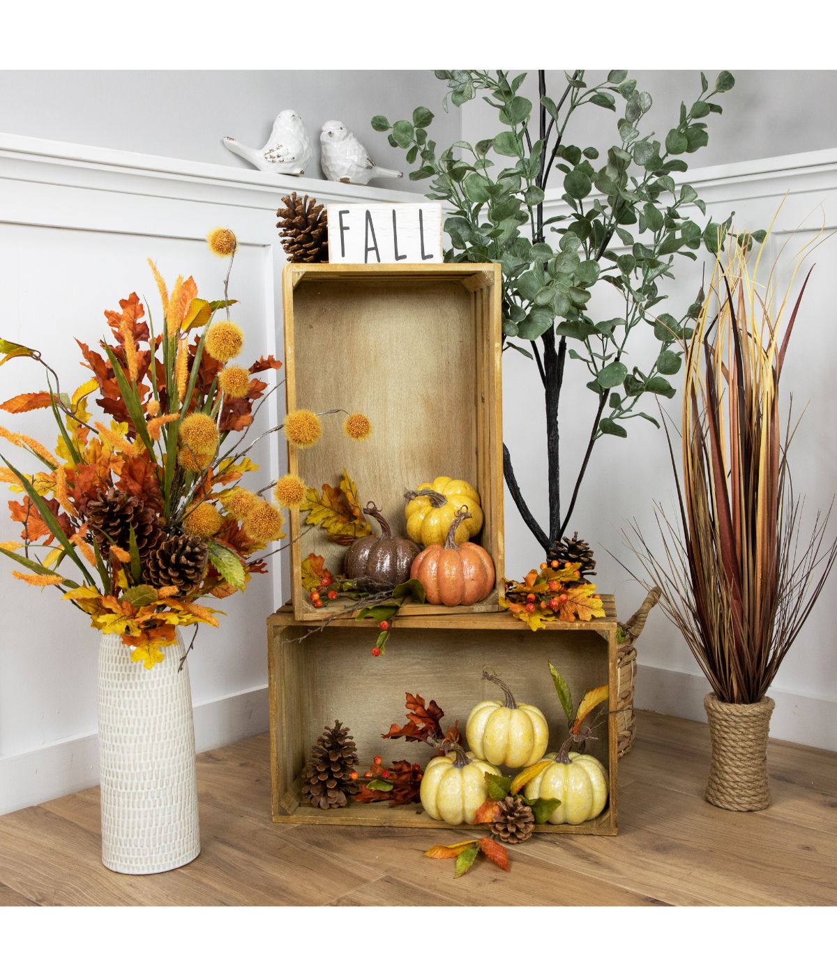 Antiqued White Crackle Finish Fall Harvest Pumpkins Yellow