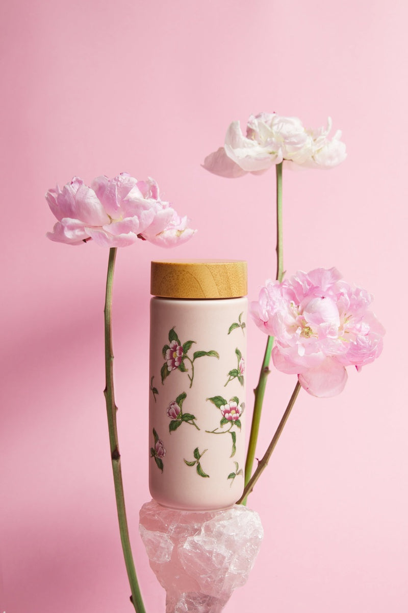  Acera The Flower Fairy Travel Mug - Rose Pink with Floral Decals - Bonton