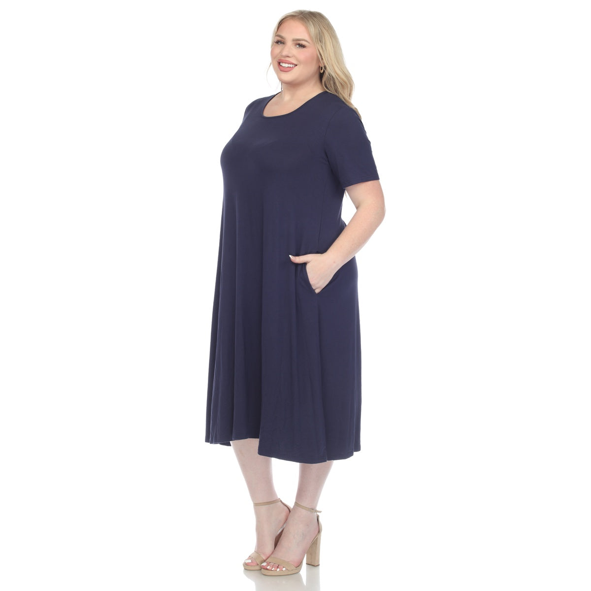  White Mark Plus Size Short Sleeve Pocket Swing Midi Dress - 3X - Bonton