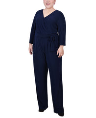 Plus Size 3/4 Sleeve Belted Jumpsuit