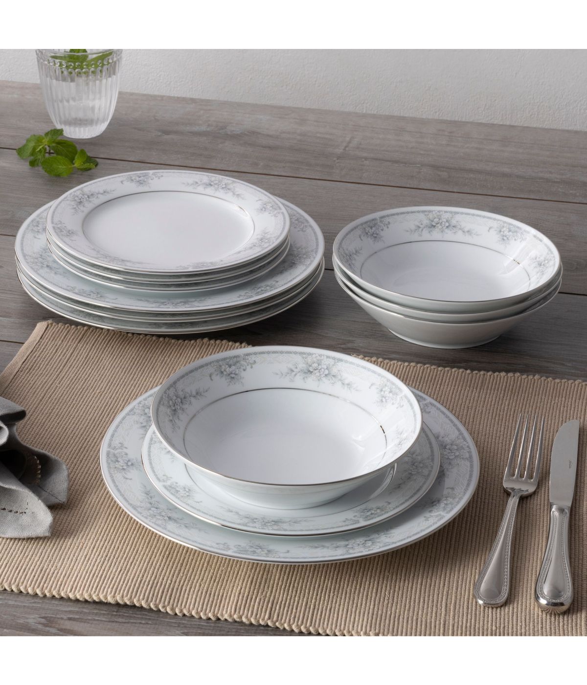  Noritake Sweet Leilani 12 Piece Set, Service for 4 - Gray - Bonton