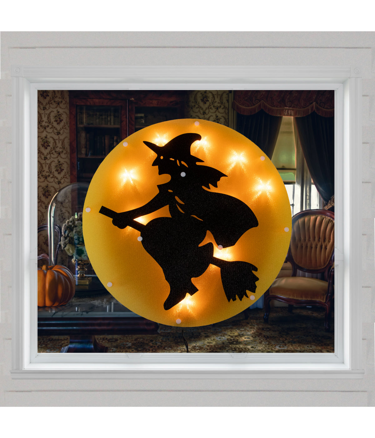 Lighted Witch on Broomstick Halloween Window Silhouette