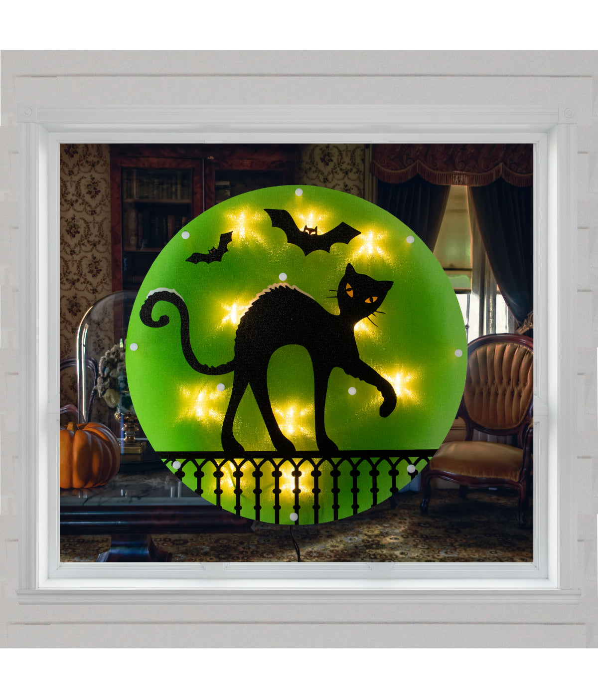  Lighted Black Cat Halloween Window Silhouette Decoration - Green - Bonton