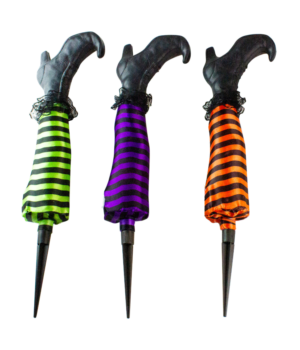 Set of 3 Striped Witch Leg Lighted Halloween Outdoor Pathway Markers with Timer