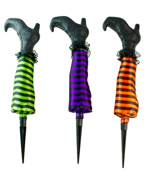 Set of 3 Striped Witch Leg Lighted Halloween Outdoor Pathway Markers with Timer