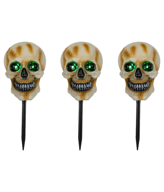 Lighted Skeleton Head Halloween Pathway Markers with Sound Set of 3