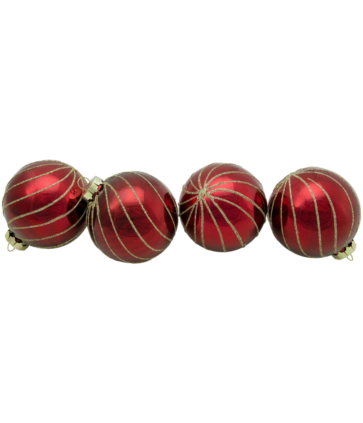  Burgundy Red Gold Glitter Striped Glass Christmas Ball Ornaments Set of 4, 3