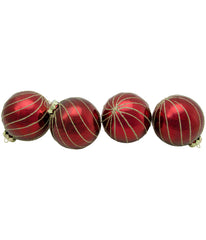 Burgundy Red Gold Glitter Striped Glass Christmas Ball Ornaments Set of 4, 3"