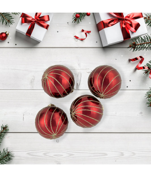 Burgundy Red Gold Glitter Striped Glass Christmas Ball Ornaments Set of 4, 3"