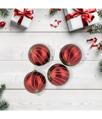 Burgundy Red Gold Glitter Striped Glass Christmas Ball Ornaments Set of 4, 3"