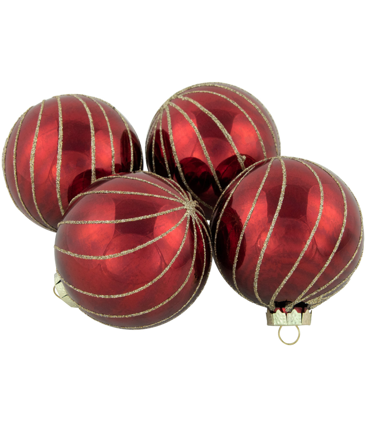  Burgundy Red Gold Glitter Striped Glass Christmas Ball Ornaments Set of 4, 3