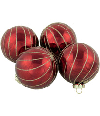 Burgundy Red Gold Glitter Striped Glass Christmas Ball Ornaments Set of 4, 3"