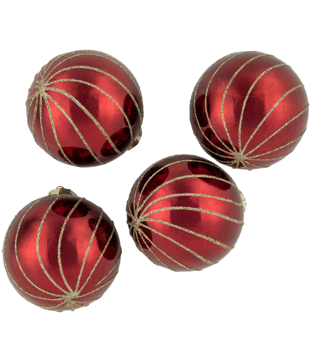  Burgundy Red Gold Glitter Striped Glass Christmas Ball Ornaments Set of 4, 3