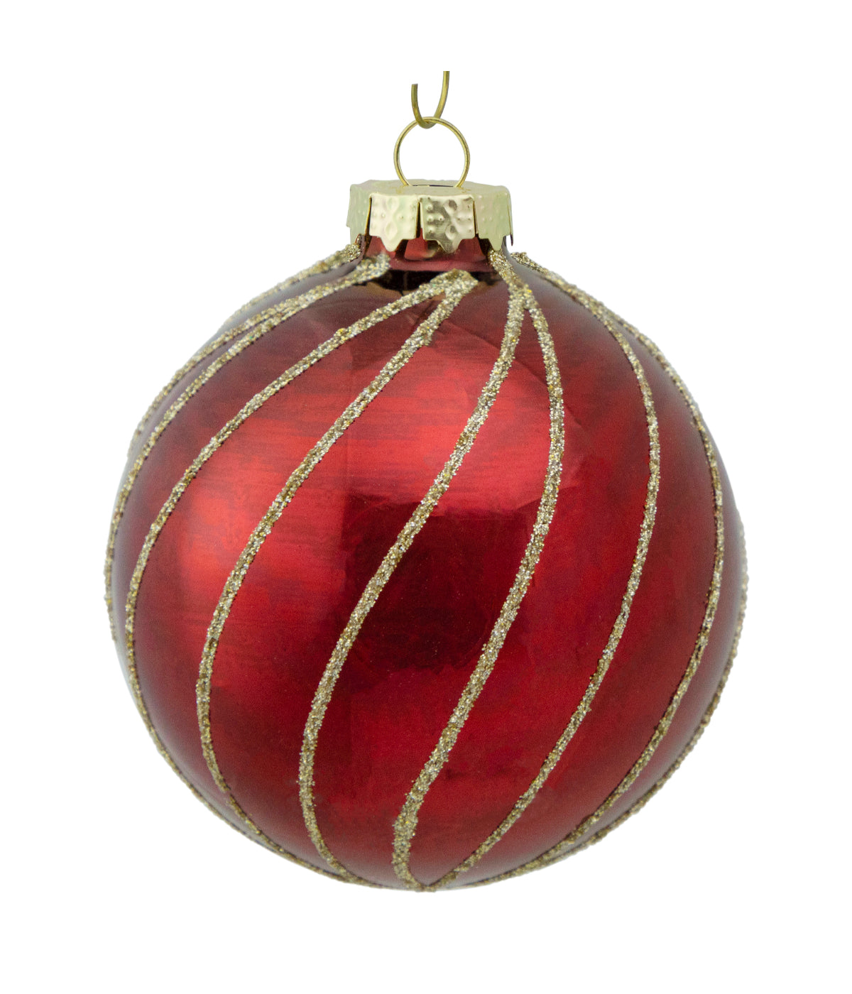  Burgundy Red Gold Glitter Striped Glass Christmas Ball Ornaments Set of 4, 3