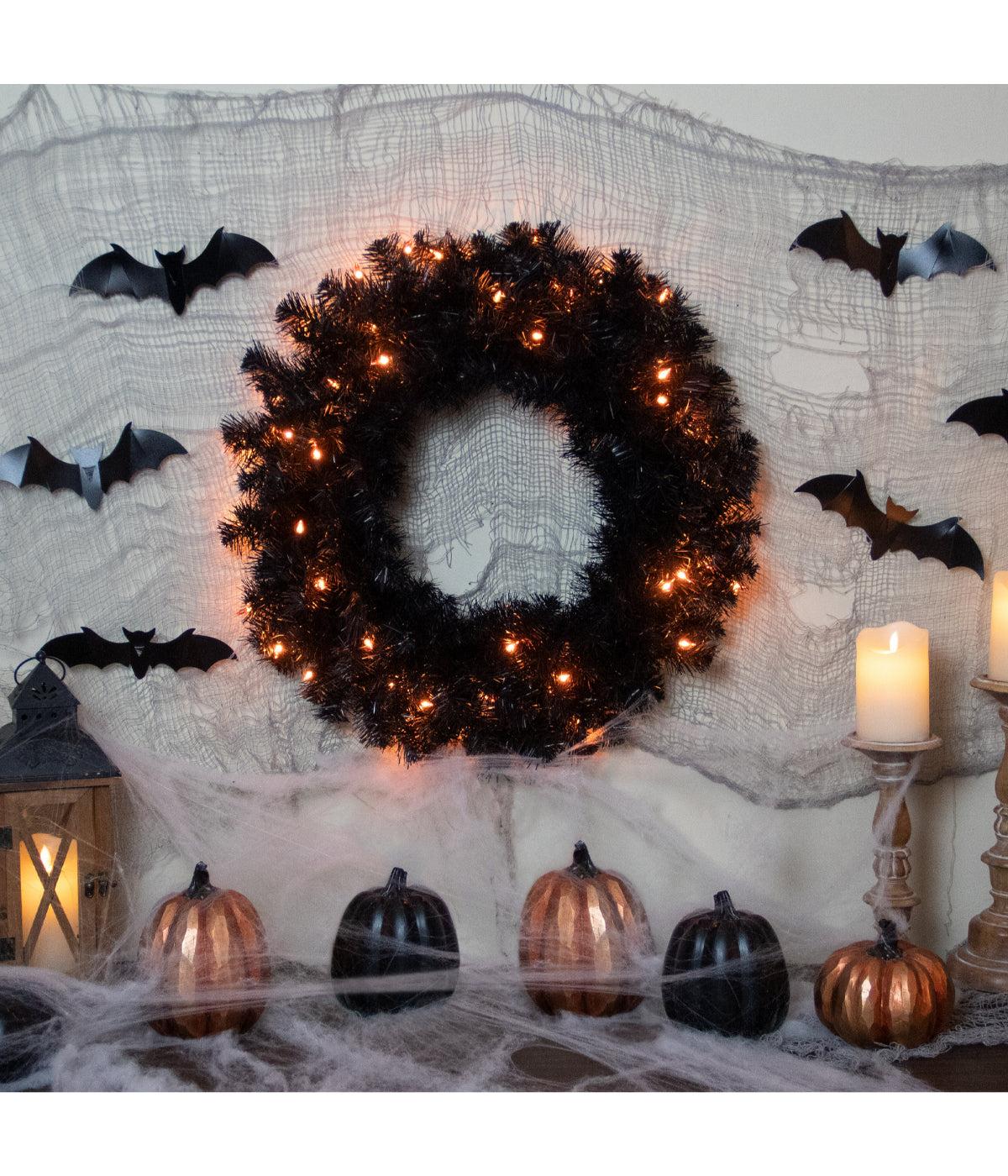 Pre-Lit Black Noble Spruce Artificial Halloween Wreath